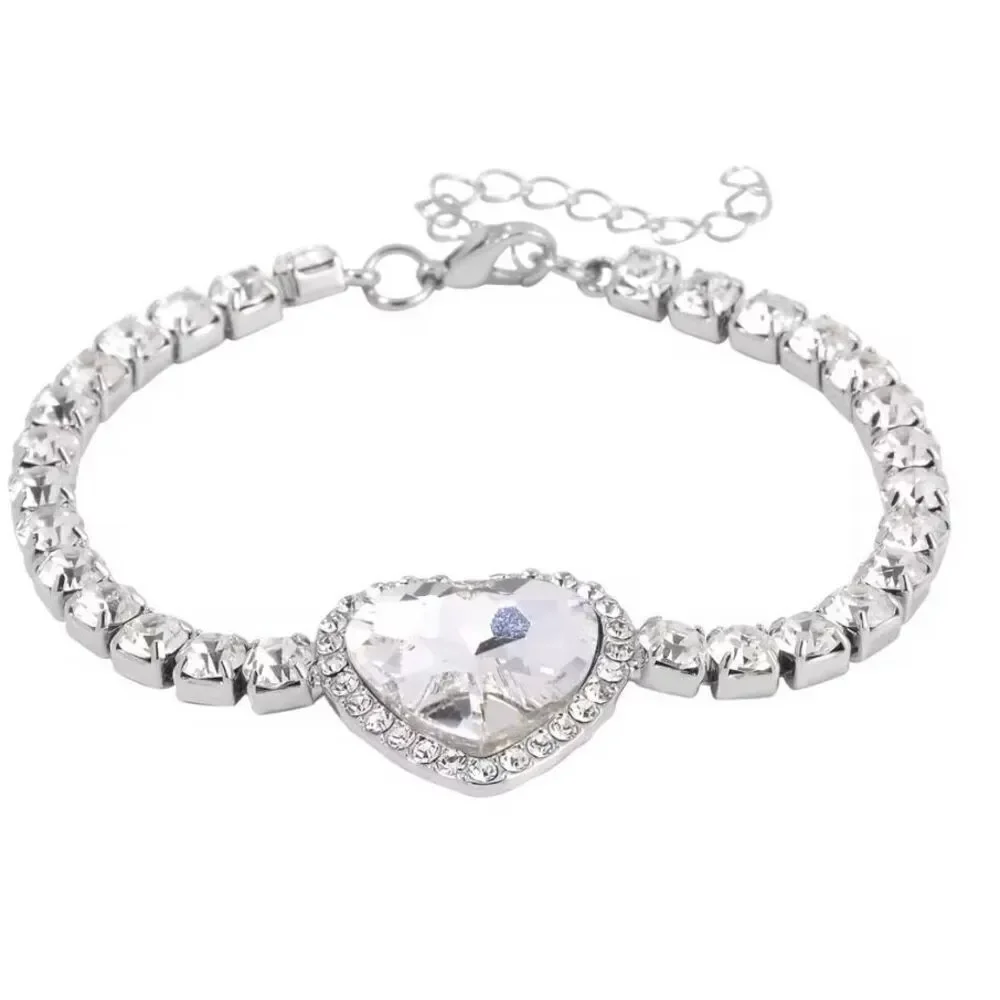 White Glass and Austrian Crystal Heart Bracelet (7.50-9.50In) and Earrings Set